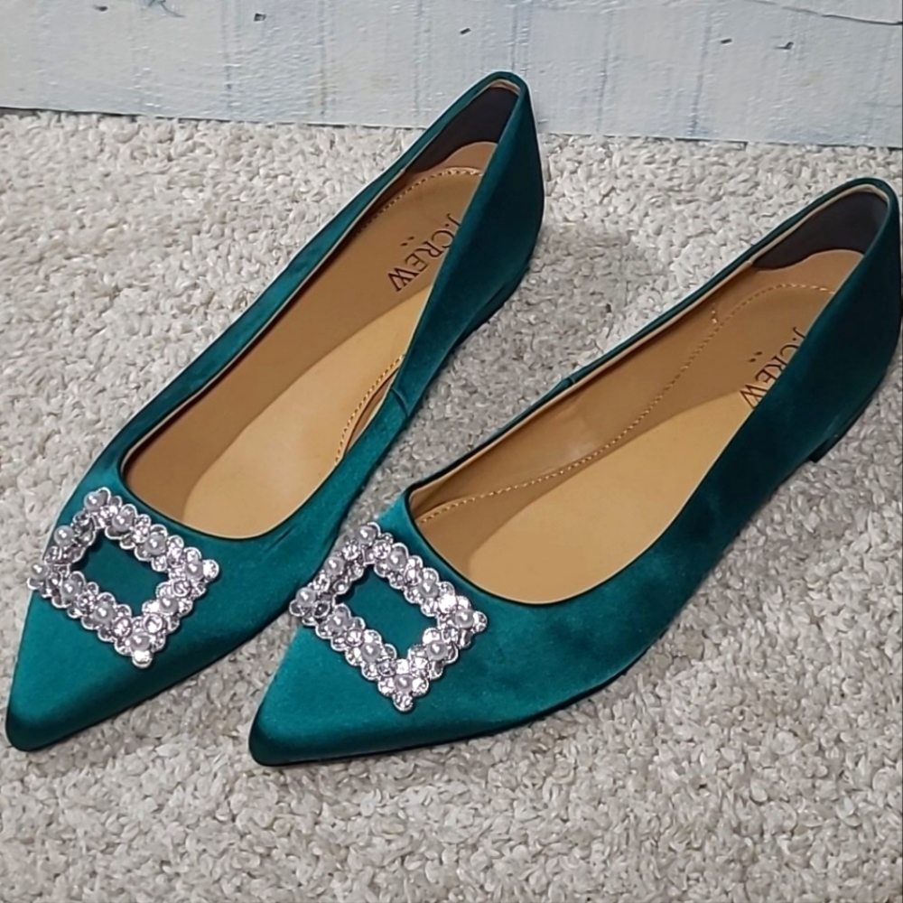 J. Crew Teal Satin Pointed Toe Flats with Crystal Buckle